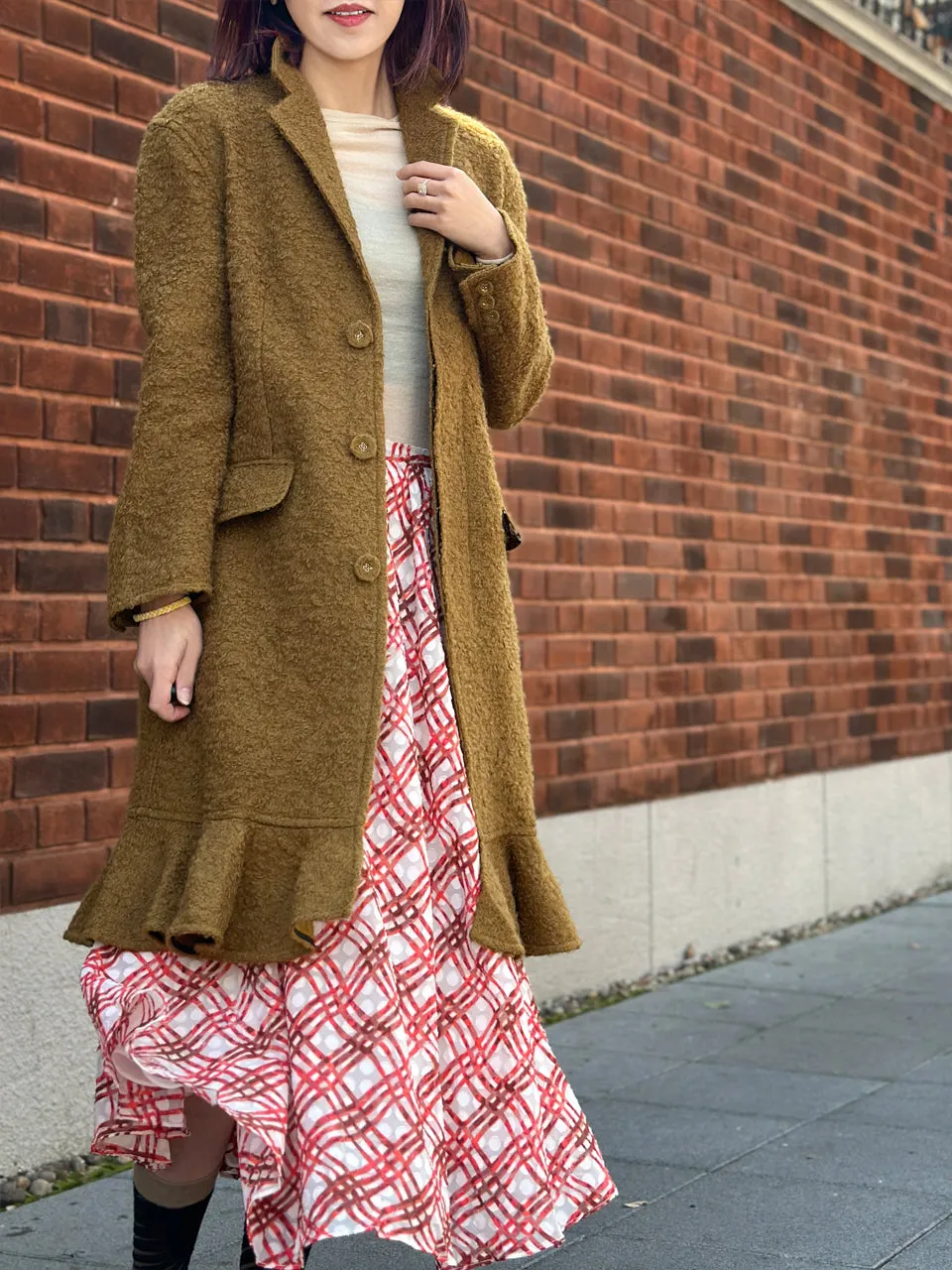 Olive Wide Shoulder Ruffled Hem Wool Blend Easy Coat