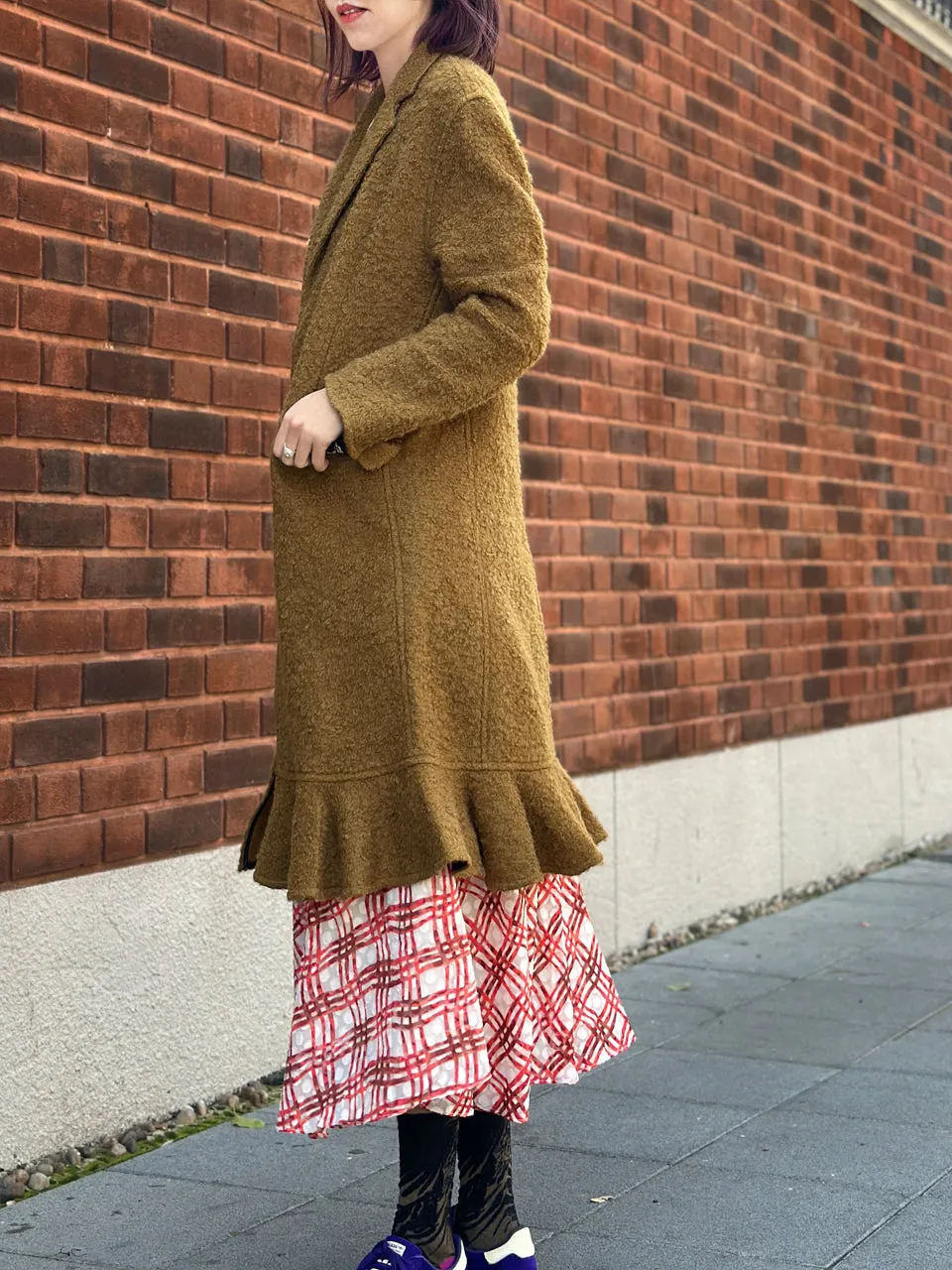 Olive Wide Shoulder Ruffled Hem Wool Blend Easy Coat