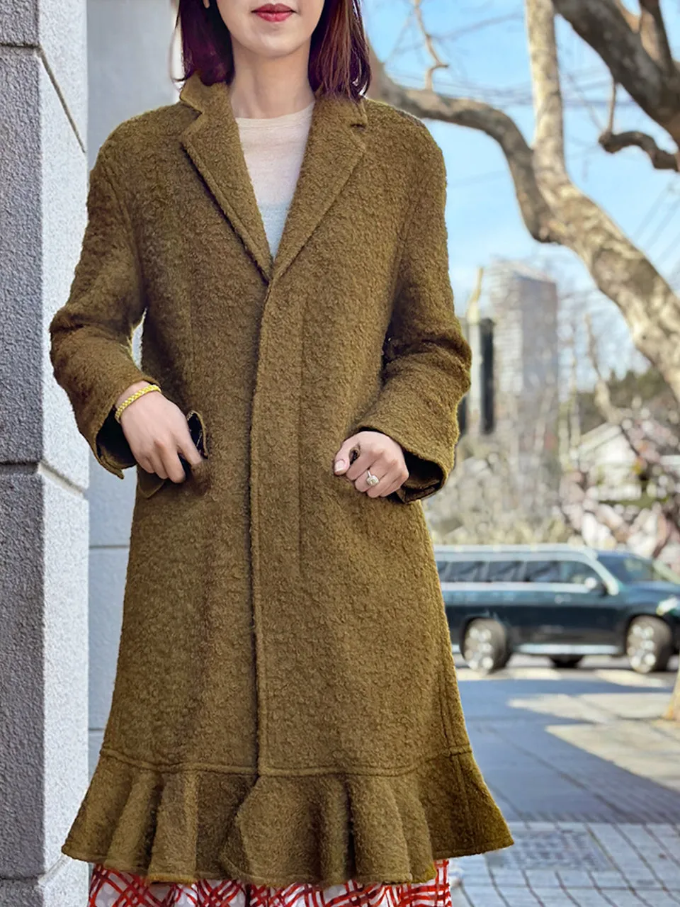 Olive Wide Shoulder Ruffled Hem Wool Blend Easy Coat