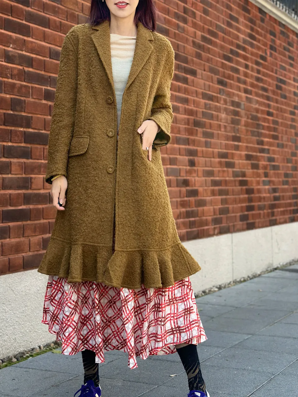 Olive Wide Shoulder Ruffled Hem Wool Blend Easy Coat