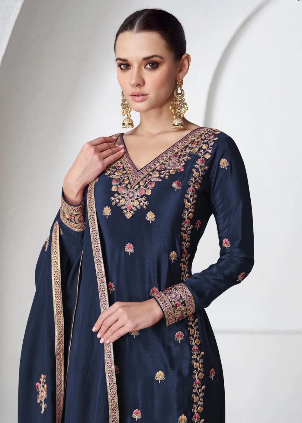 Palazzo Style Premium Chinnon Silk Navy Blue Festive Suit