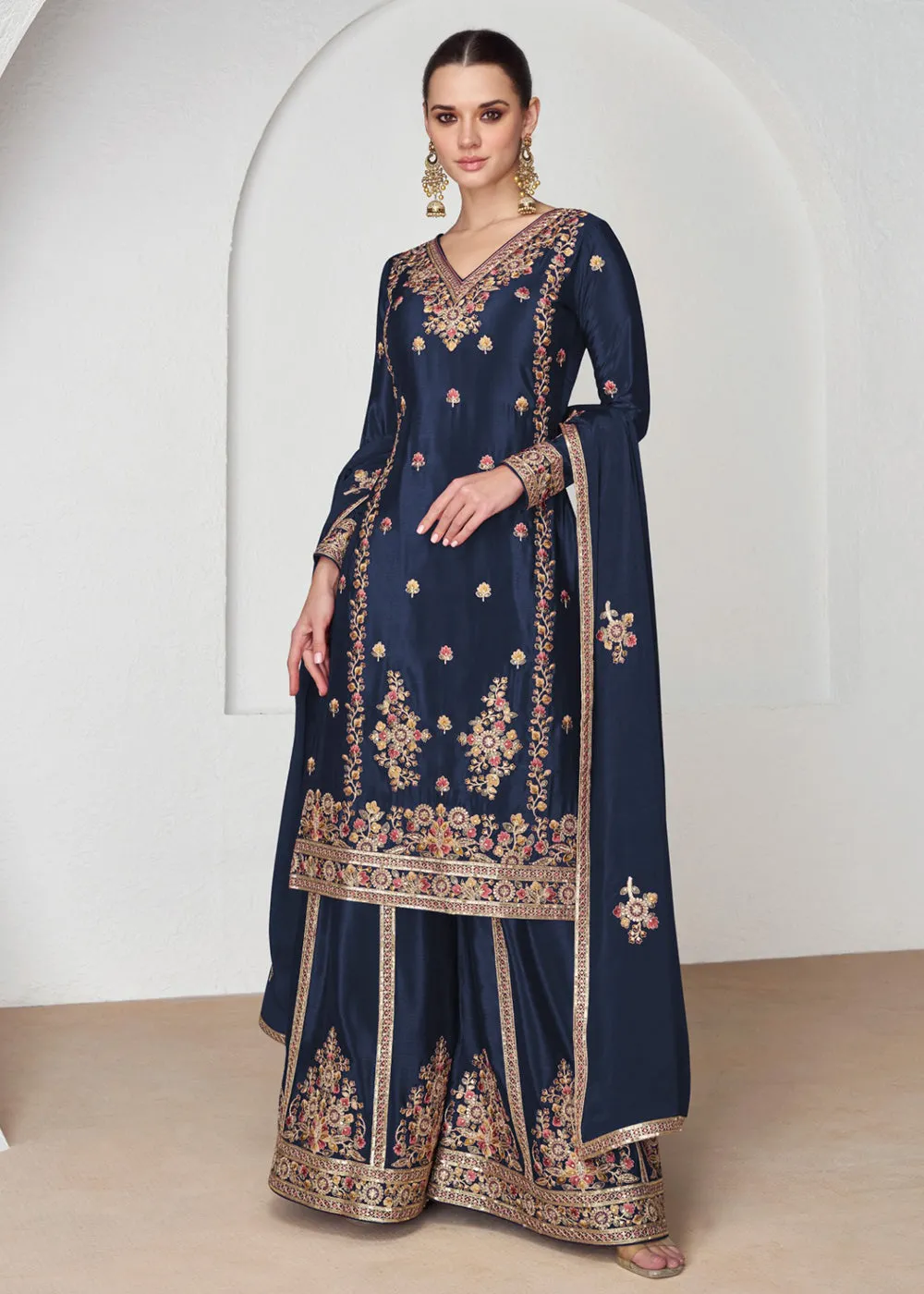 Palazzo Style Premium Chinnon Silk Navy Blue Festive Suit