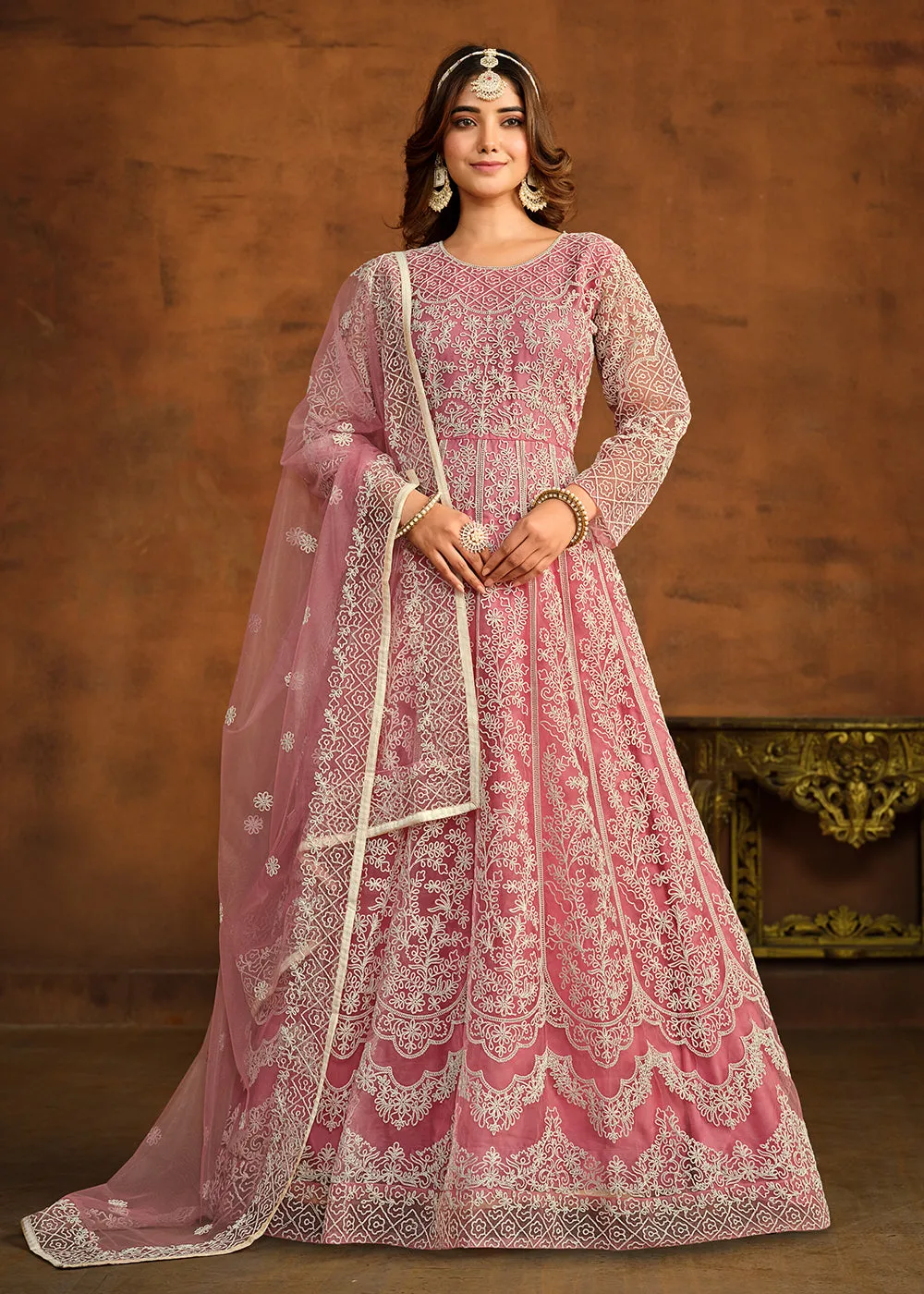 Pink All Over Embroidered Net Wedding Anarkali Suit