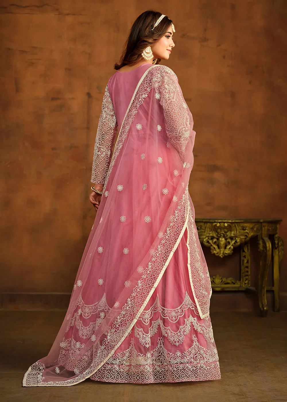 Pink All Over Embroidered Net Wedding Anarkali Suit