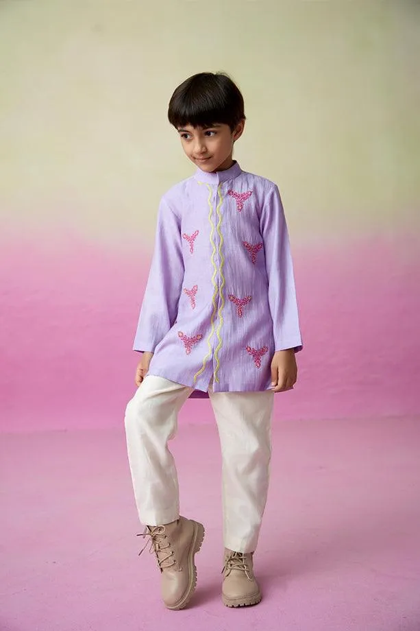 Pirate Adventure- Digital Lavender Hand Embroidered Kurta Set for Boys