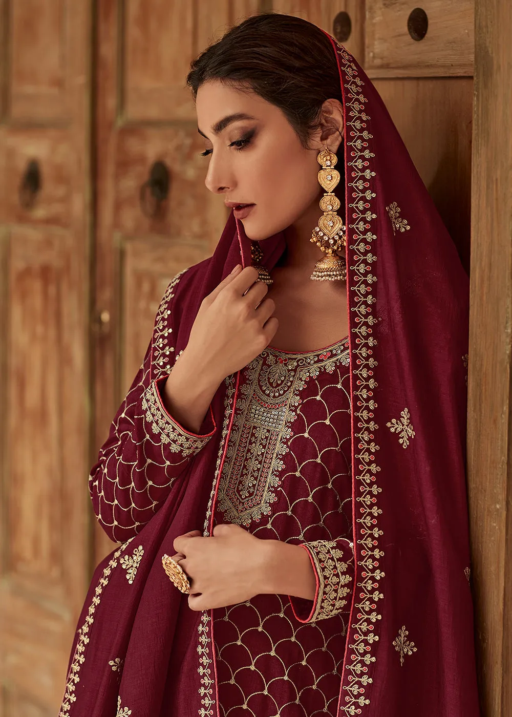 Premium Silk Maroon & Gold Embroidered Indian Salwar Kameez