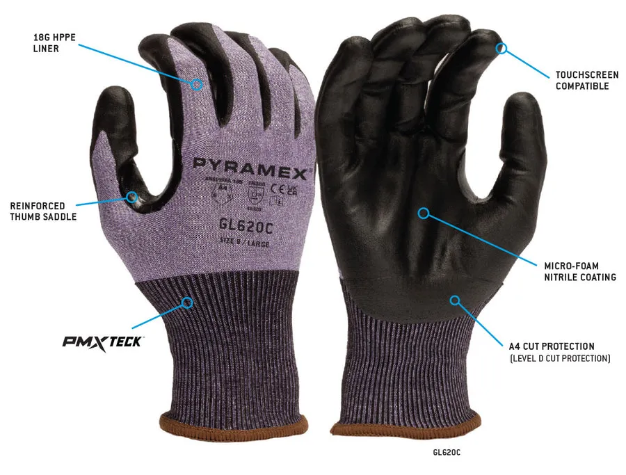 Pyramex 18 Gauge Micro Foam Nitrile Coated HPPE A4 Cut Resistant Gloves - 2XL