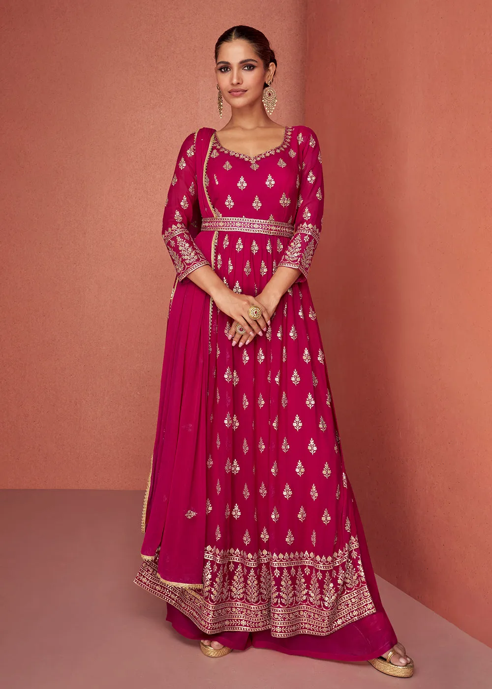 Rani Pink Anarkali Style Embroidered Palazzo Style Suit