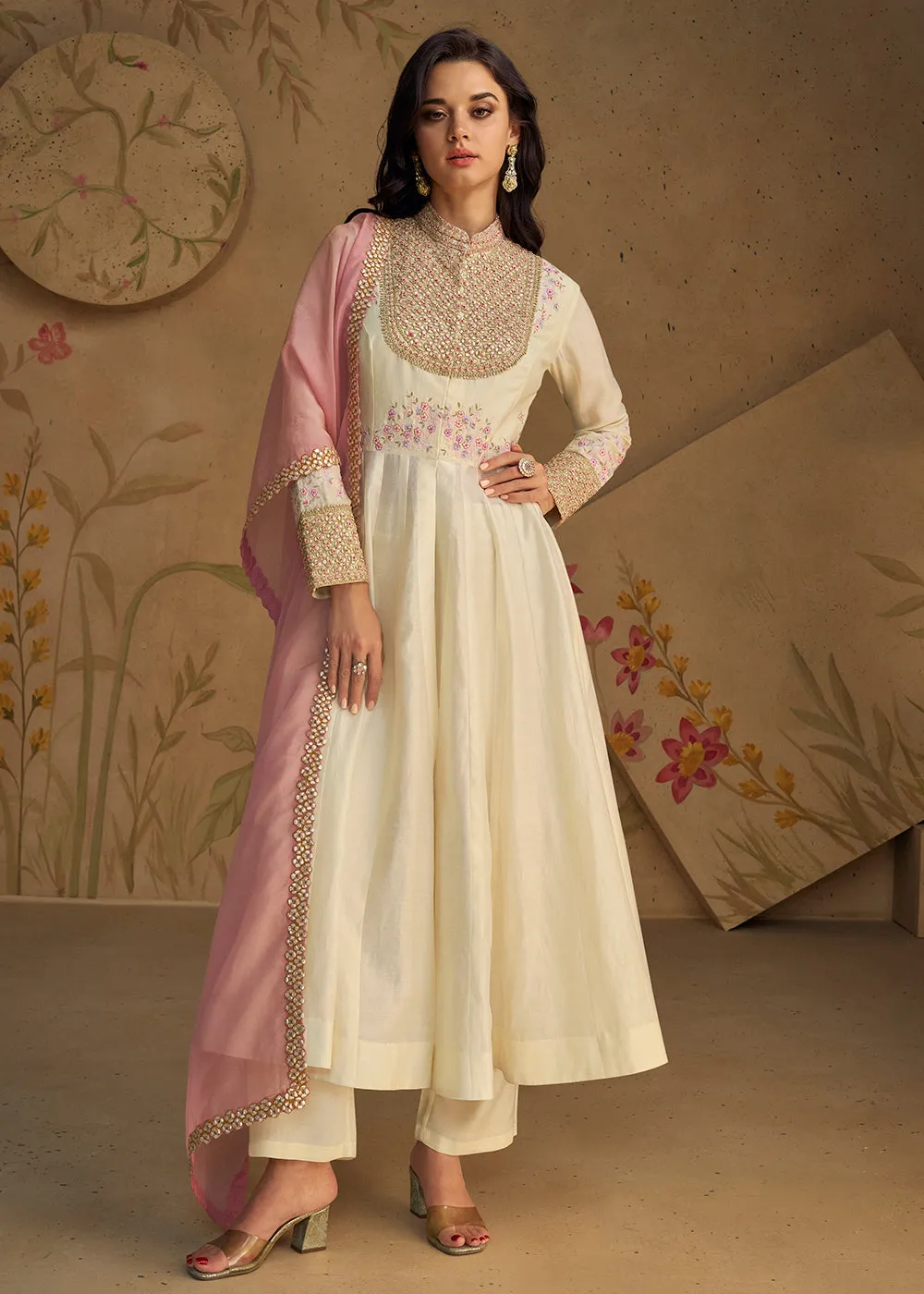 Real Silk Off White Anarkali Style Pant Salwar Suit