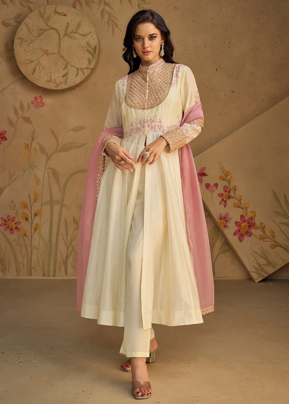 Real Silk Off White Anarkali Style Pant Salwar Suit