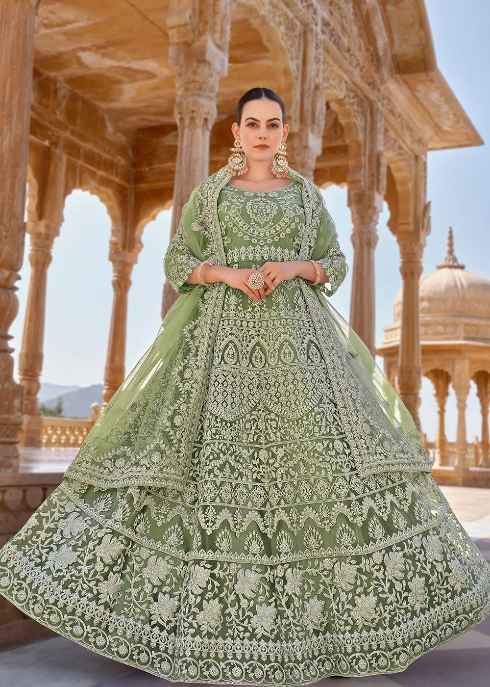 Sage Green Front & Back Stone Embroidered Wedding Anarkali Suit