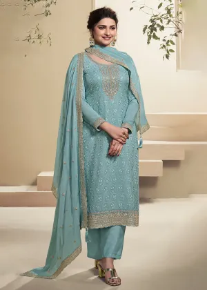 Sea Blue Schiffli Embroidered Organza Salwar Suit