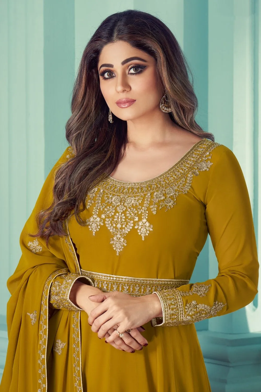 Shamita Shetty Mustard Embroidered Anarkali Suit