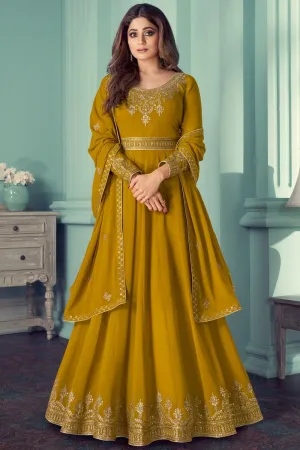 Shamita Shetty Mustard Embroidered Anarkali Suit