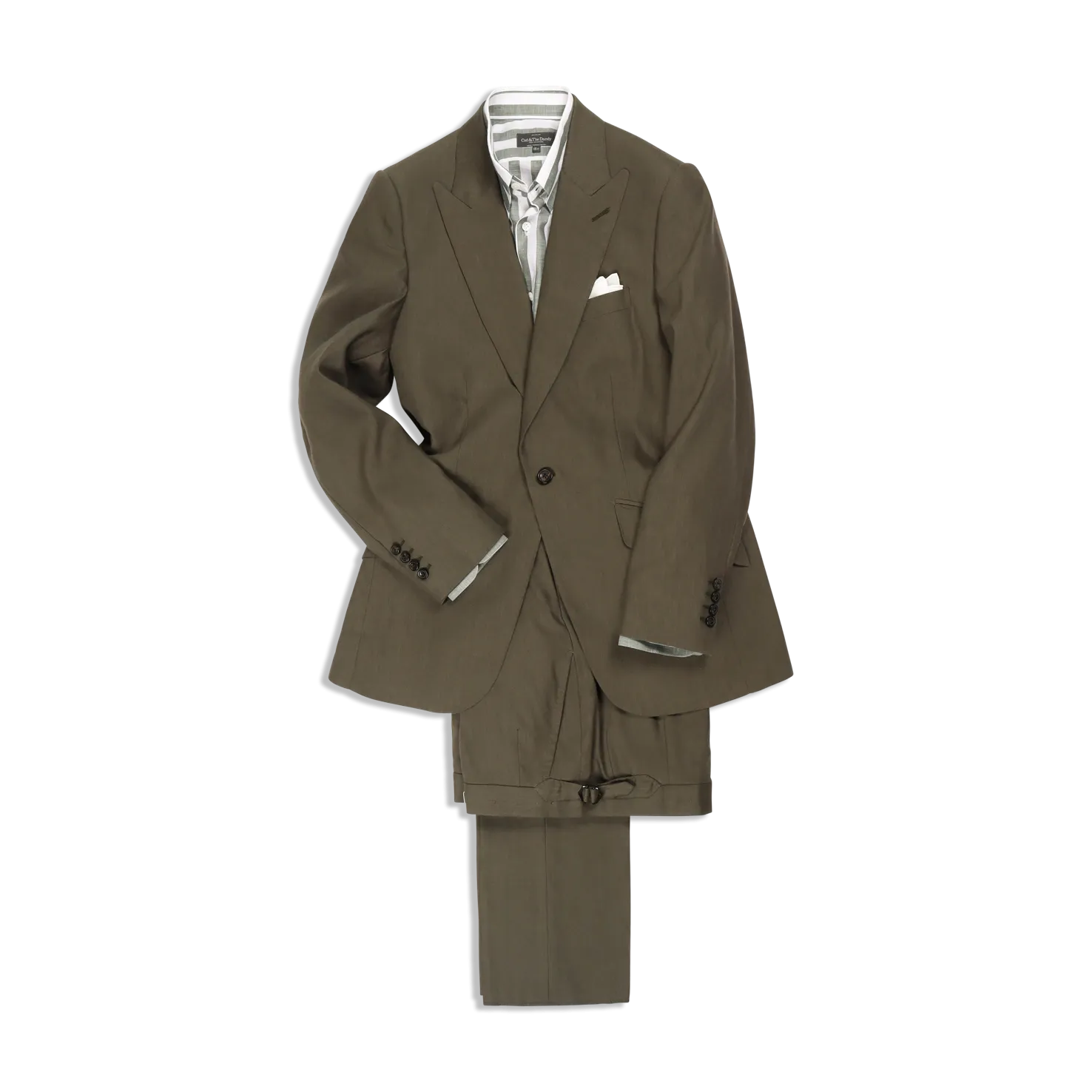 Single Breasted Peak Lapel Suit in Green Wool, Silk and Linen