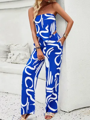 Sleeveless Printed Tied Tube Top   Wide Leg Elasticity Pockets Pants Bottom Two Pieces Set