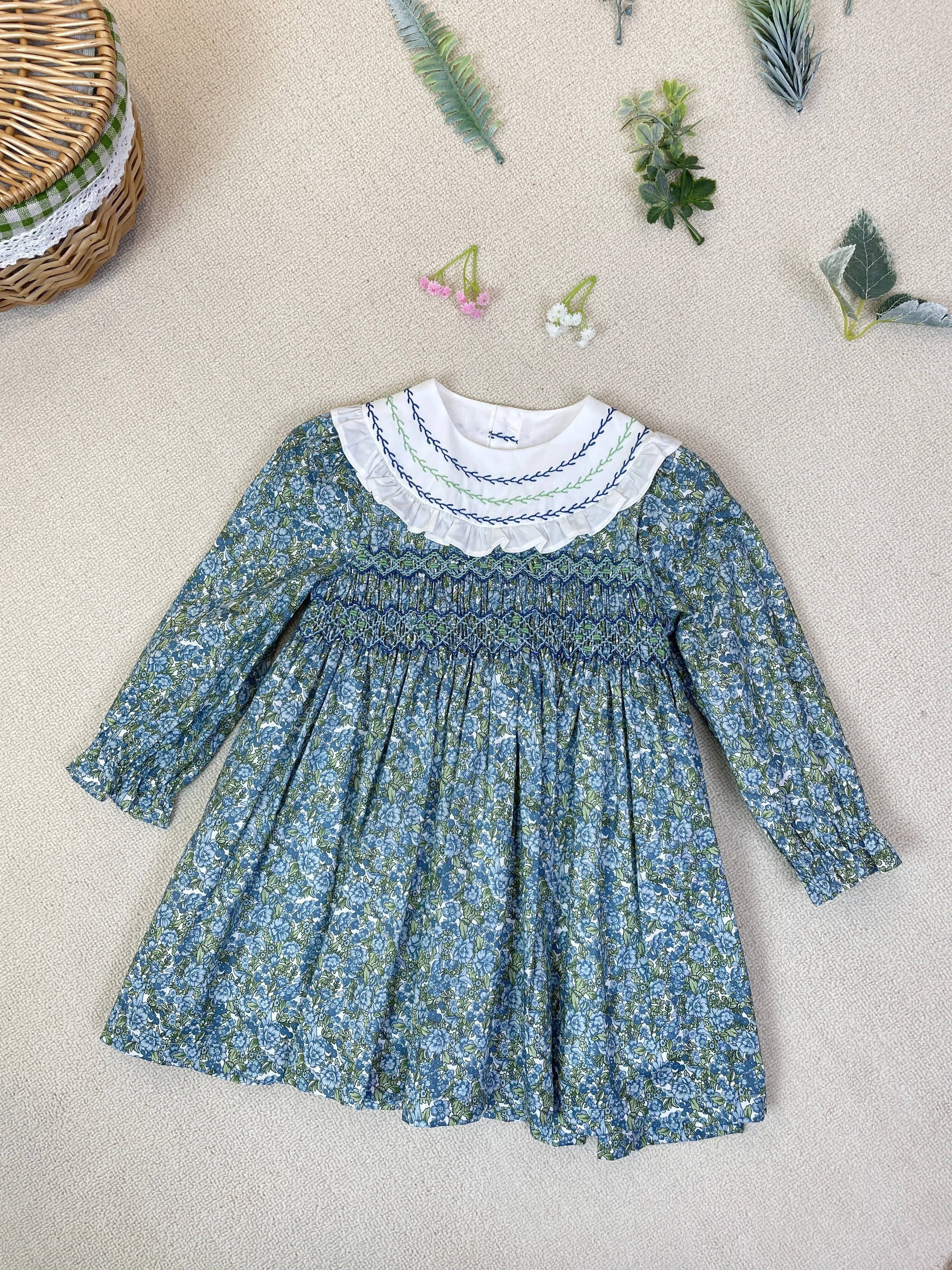 Smocked Green Floral Girl's Dress with Embroidered Collar