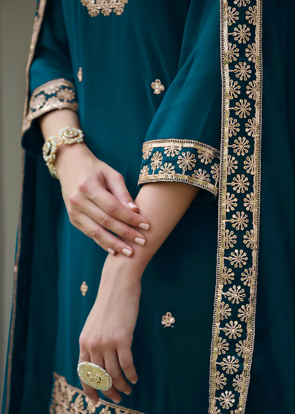 Teal Blue Stone Work Embroidered Festive Palazzo Suit