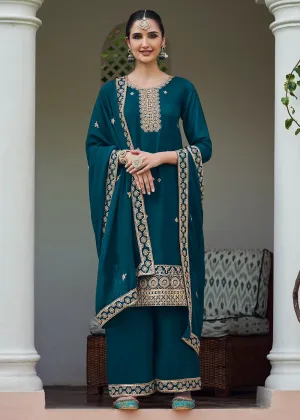 Teal Blue Stone Work Embroidered Festive Palazzo Suit