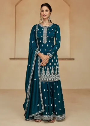 Teal Blue Zari & Sequins Work Palazzo Salwar Suit