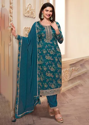 Teal Digital Printed Chinnon Festive Salwar Kameez