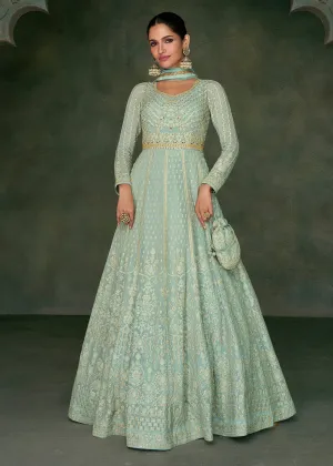 Tempting Aqua Green Georgette Embroidered Wedding Anarkali Suit