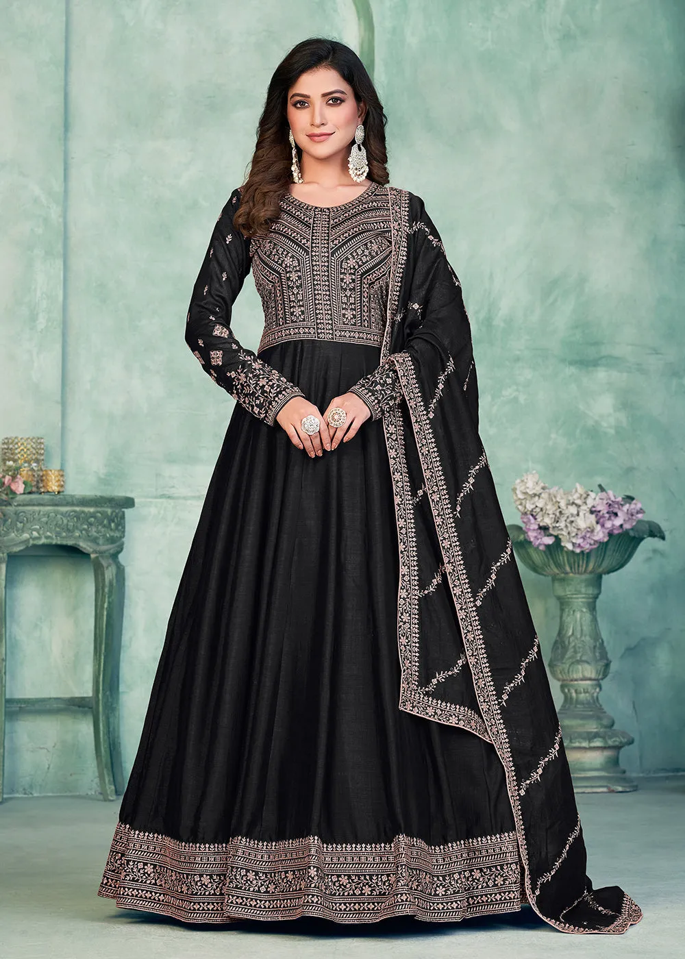 Tempting Black Art Silk Festive Style Anarkali Suit