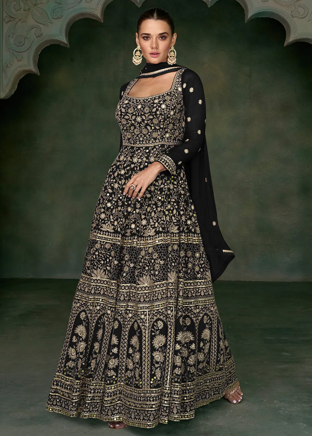 Tempting Black Georgette Embroidered Wedding Anarkali Suit