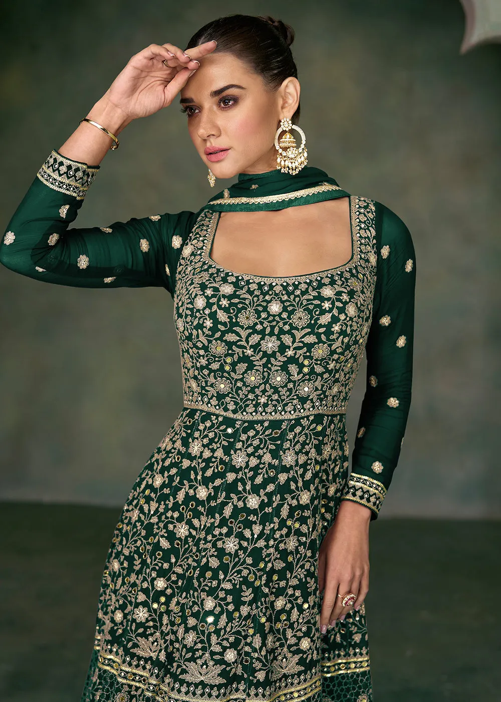 Tempting Green Georgette Embroidered Wedding Anarkali Suit