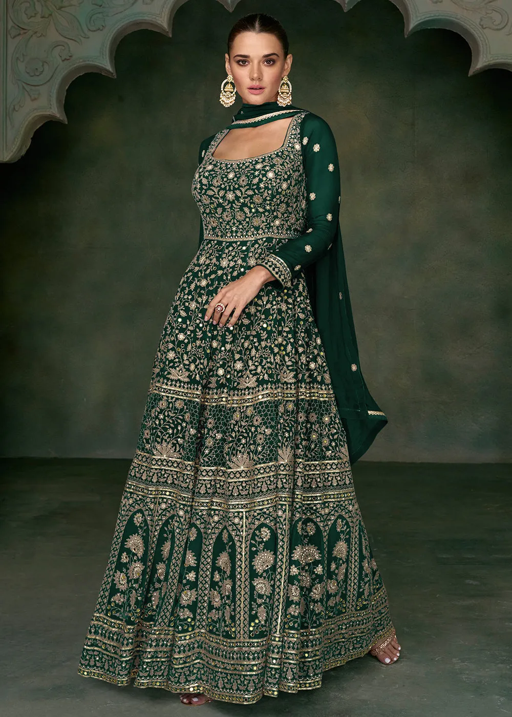 Tempting Green Georgette Embroidered Wedding Anarkali Suit