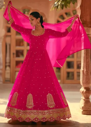 Tempting Pink Real Georgette Embroidered Anarkali Gown