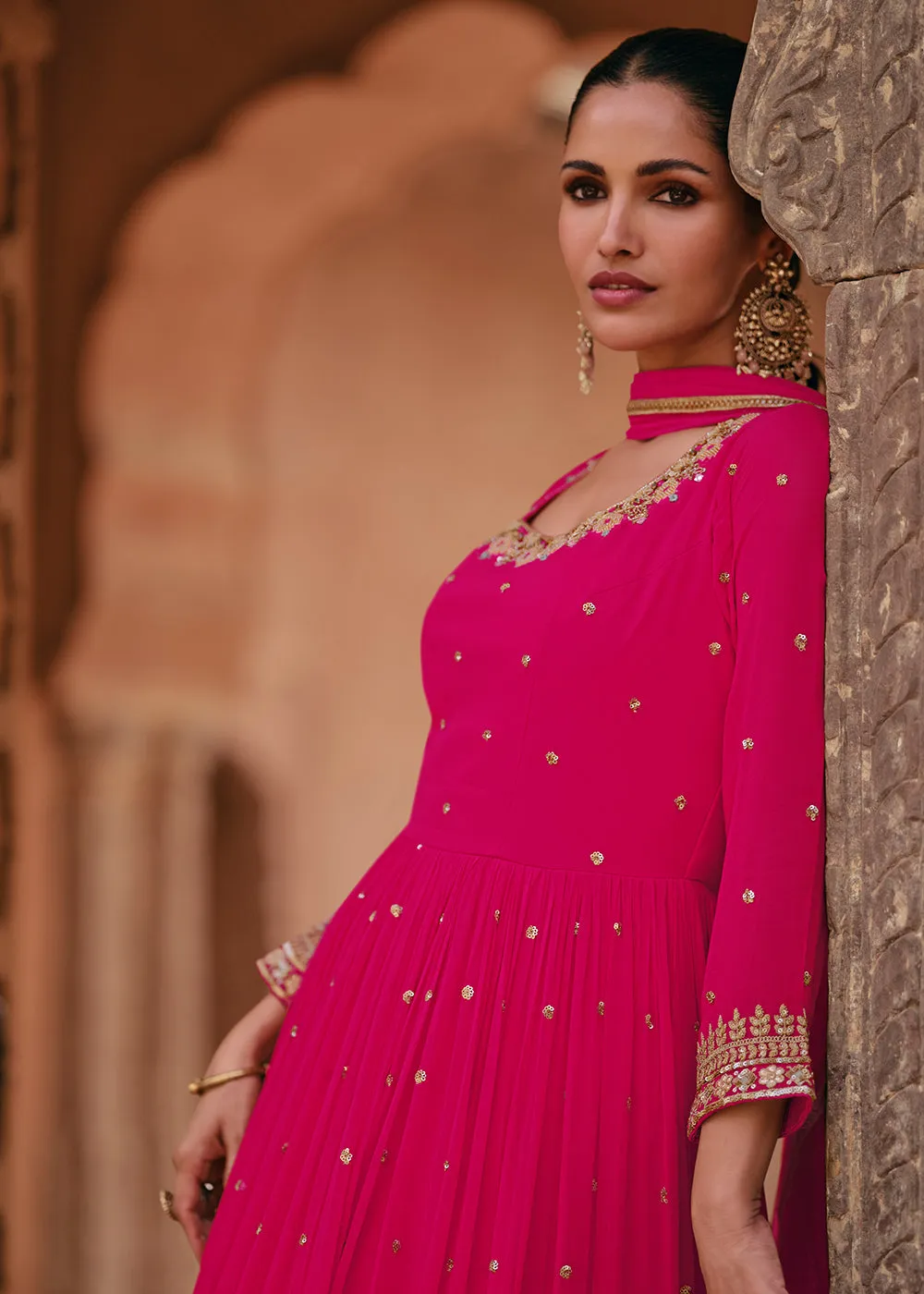 Tempting Pink Real Georgette Embroidered Anarkali Gown