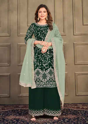 Traditional Party Wear Dark Green Velvet Palazzo Salwar Kurta