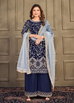 Traditional Party Wear Navy Blue Velvet Palazzo Salwar Kurta