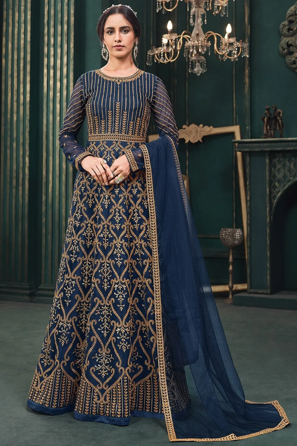 Wedding Party Navy Blue Net Designer Anarkali Suit