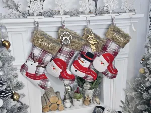 Whimsical Plaid Faux Fur Christmas Stockings Woodland Santa Snowman Reindeer Stocking Personalized Embroidery Burgundy Family Modern Holiday