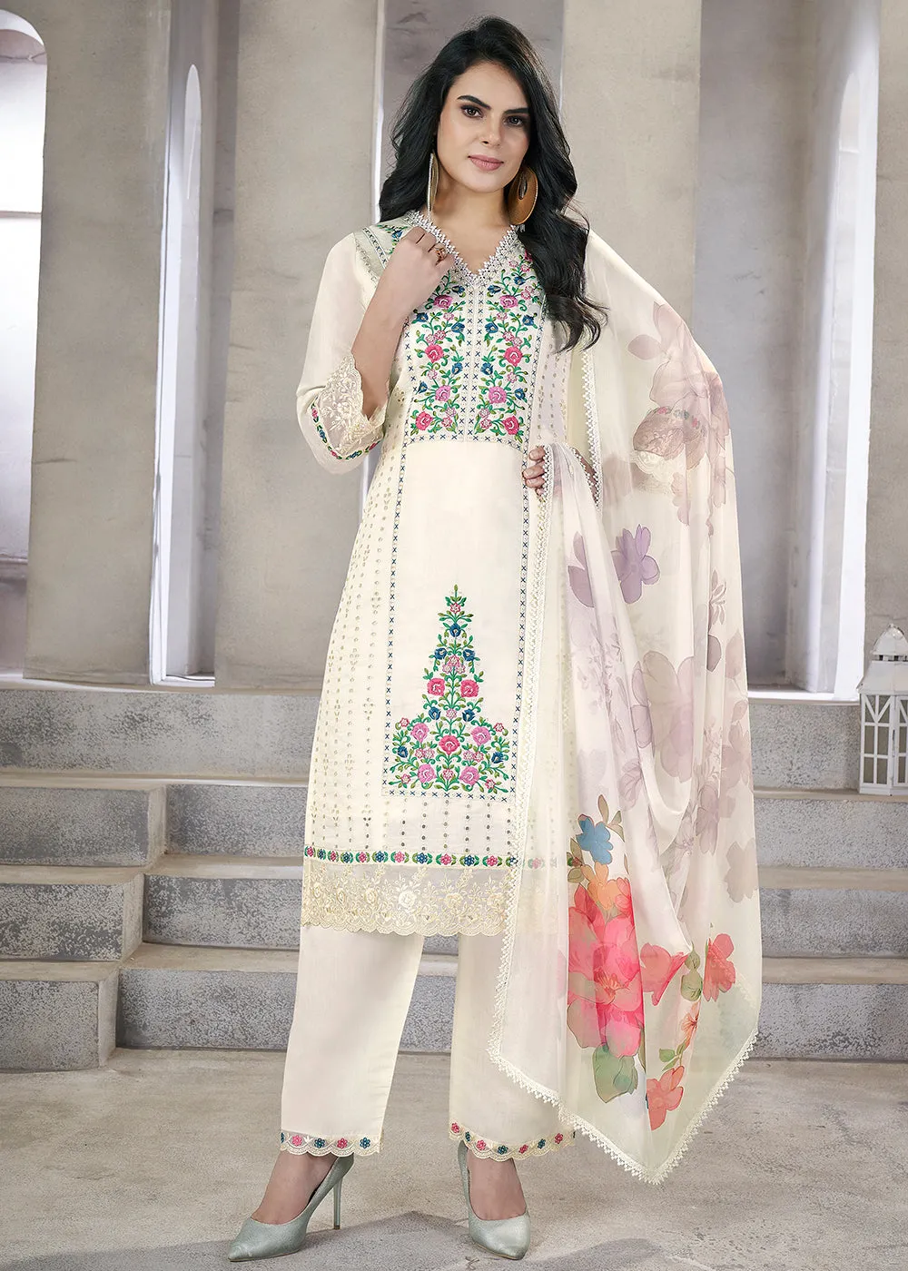 White Roman Silk Embroidered Festive Salwar Kurta Suit