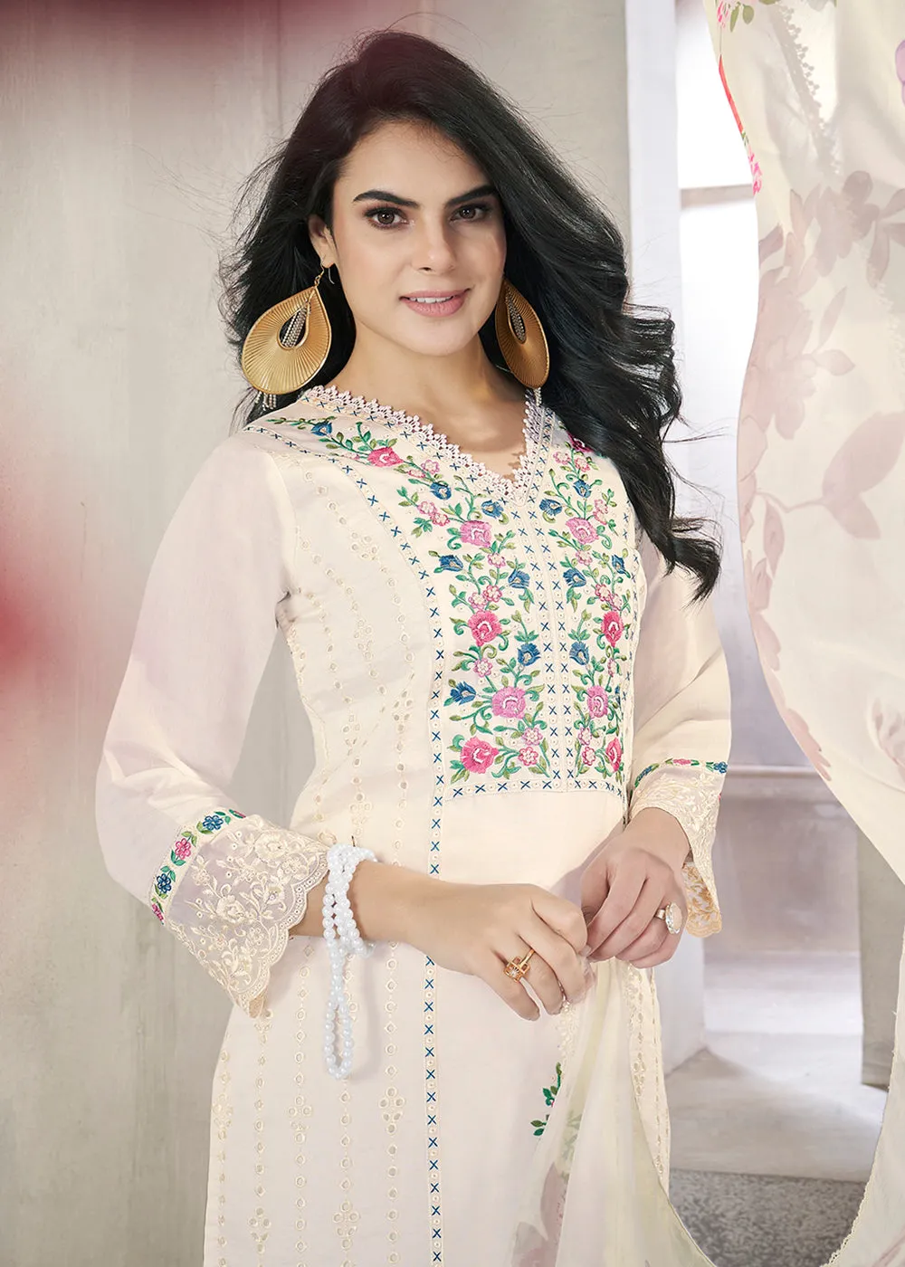 White Roman Silk Embroidered Festive Salwar Kurta Suit