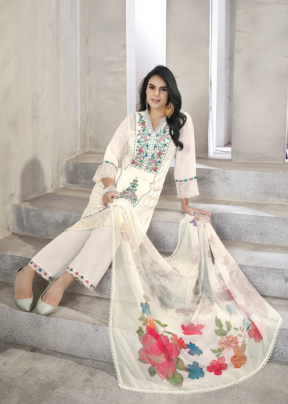 White Roman Silk Embroidered Festive Salwar Kurta Suit