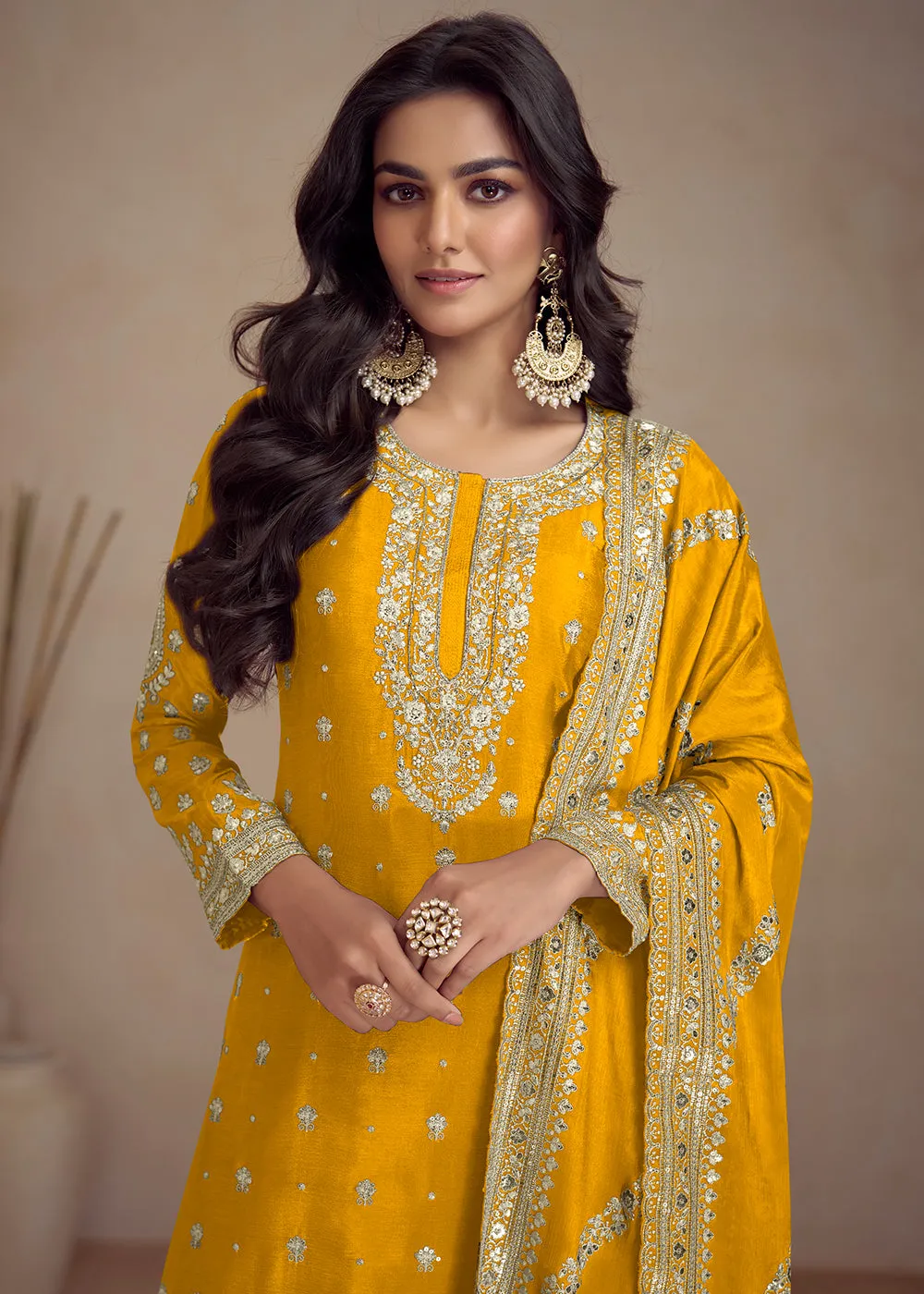 Yellow Embroidered Real Chinnon Designer Palazzo Suit