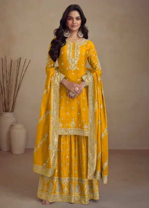 Yellow Embroidered Real Chinnon Designer Palazzo Suit